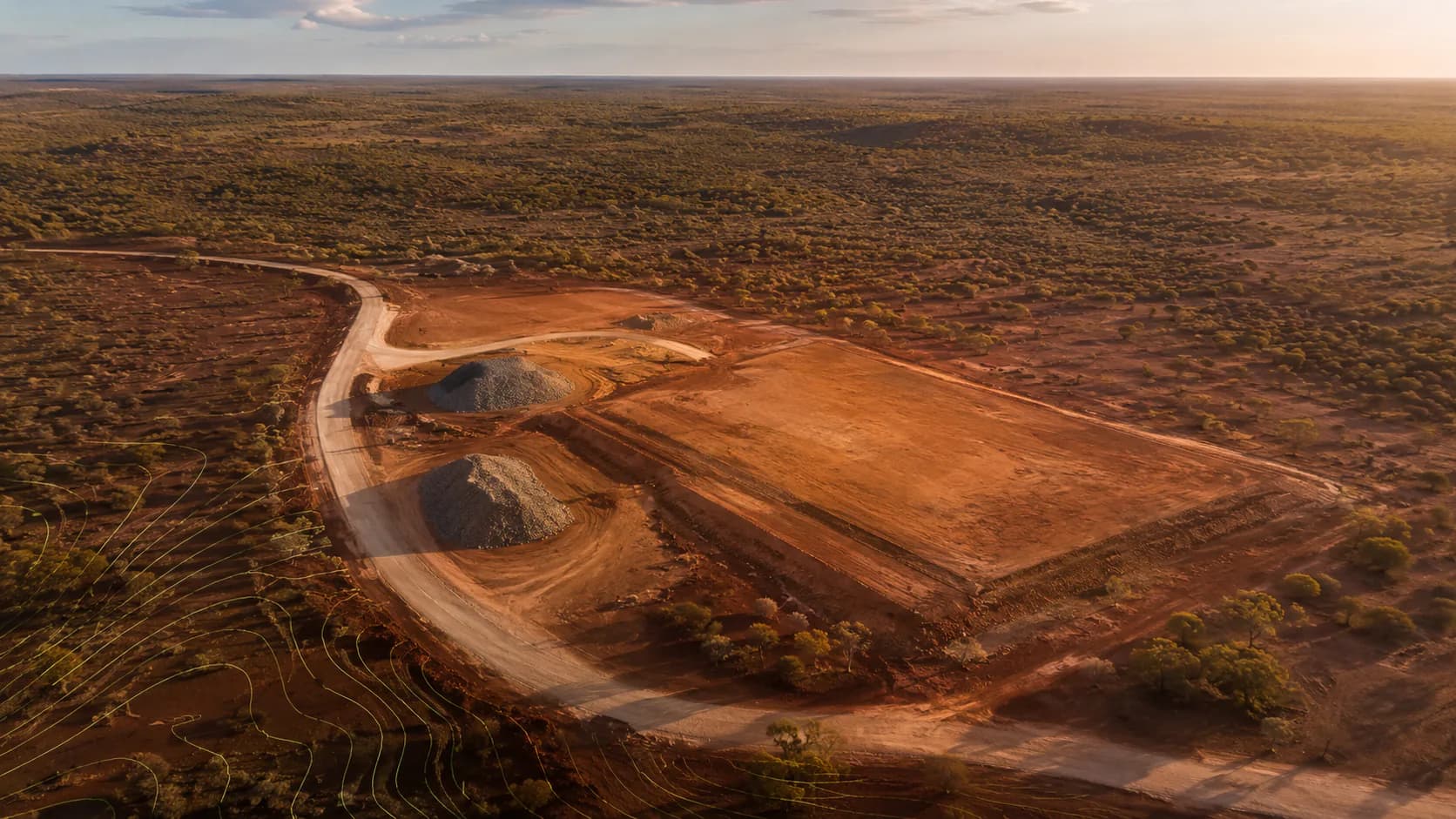 Aerial Northern Territory earthworks site with contour overlay